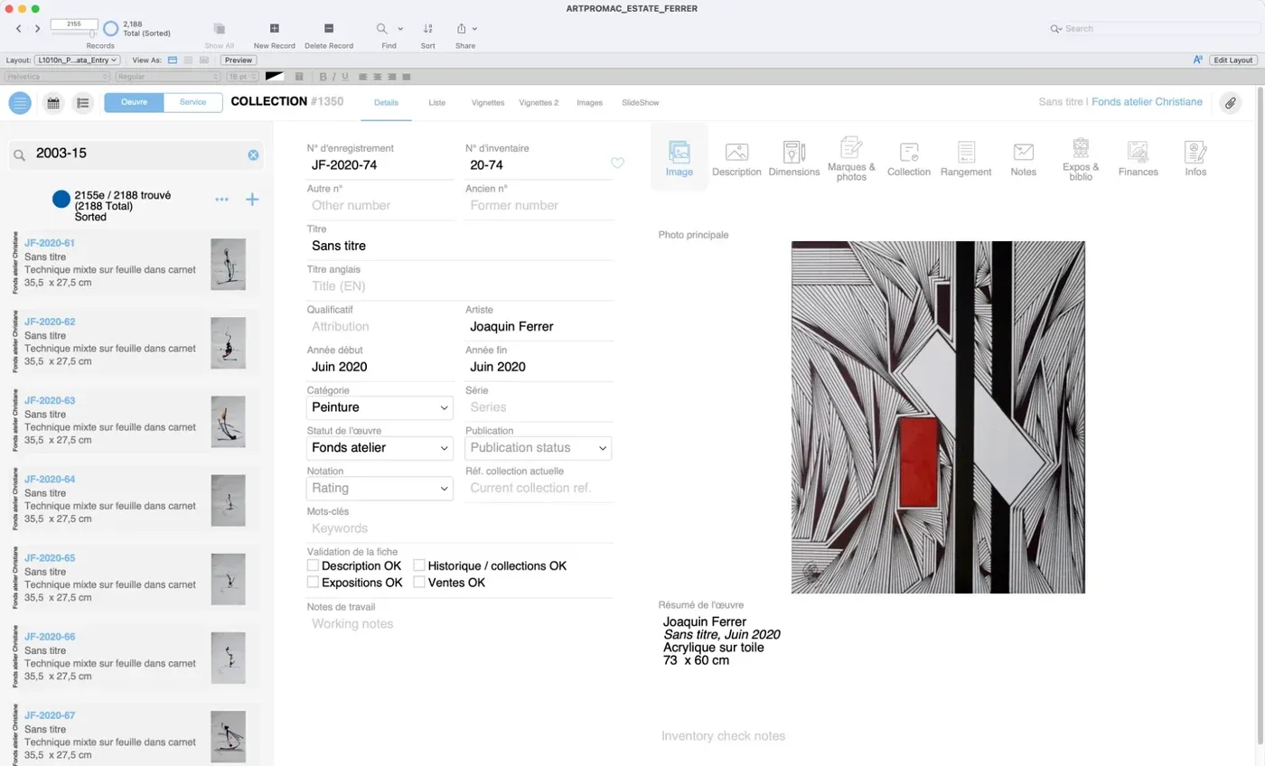 Fiche œuvre du catalogue raisonné dans ArtProMac